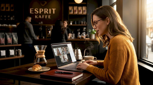 Woman in home kitchen planning remote meetings with coffee