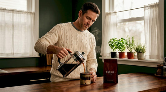 Man pours dark coffee at lived-in kitchen counter