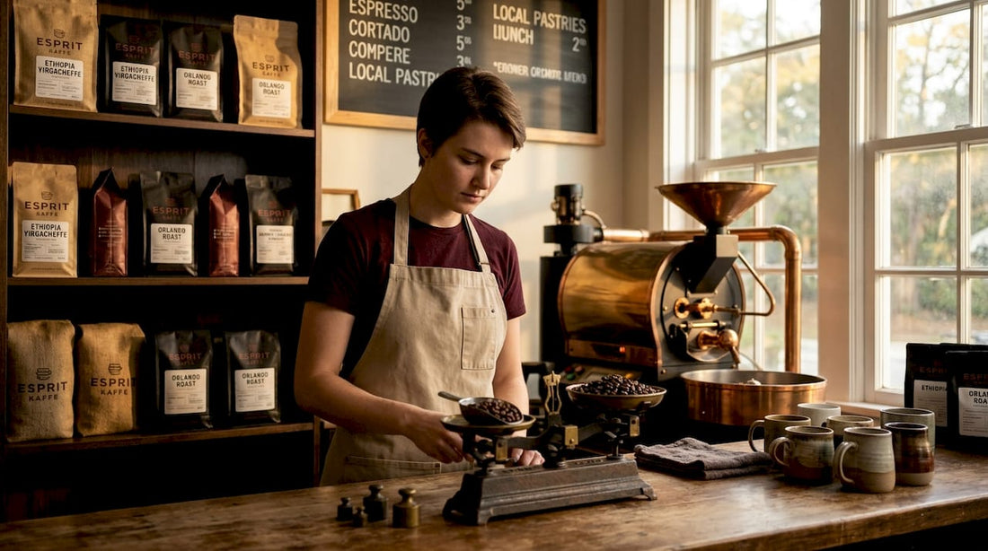 Barista weighing beans at Orlando café