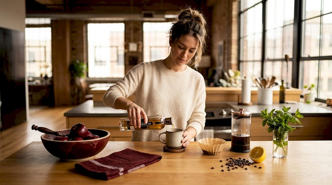 Woman prepares St Germain coffee cocktail at kitchen counter