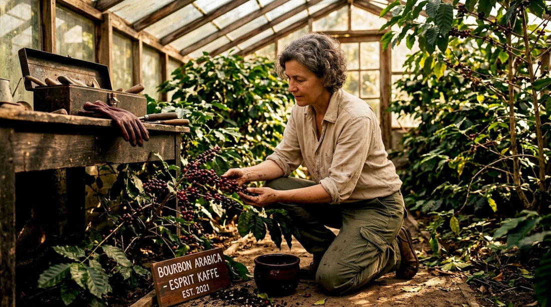 Horticulturist inspecting bourbon coffee plant