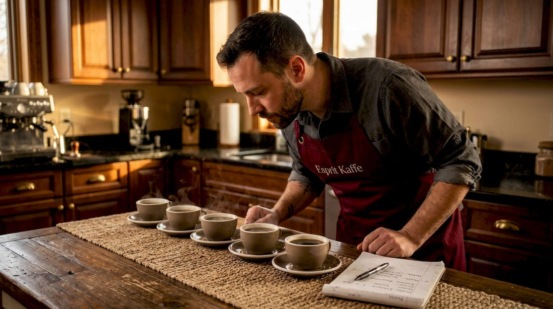 Barista evaluating coffee aromas in home kitchen