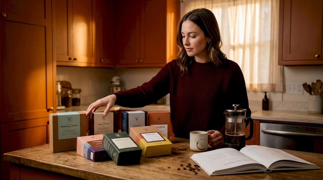 Home coffee subscription boxes on kitchen counter