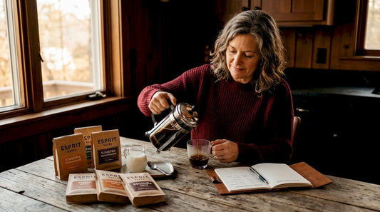 Woman tasting assorted coffee blends at home
