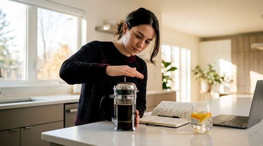 Remote worker using French press in home office