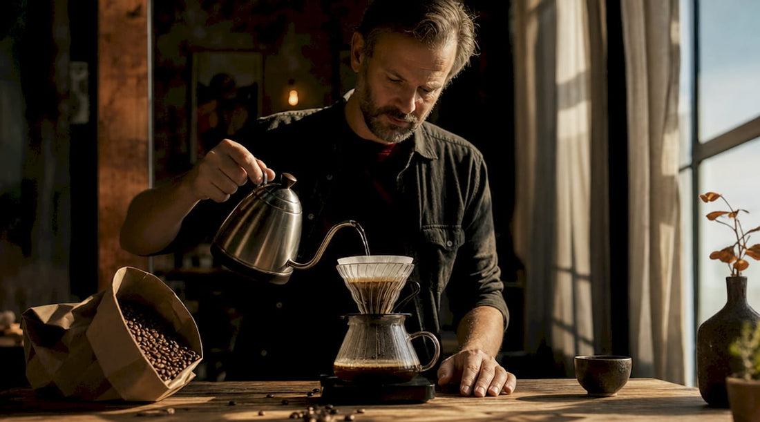 Man brewing artisan coffee with Kalita Wave