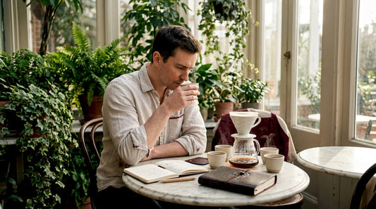 Person tasting specialty coffee at home kitchen