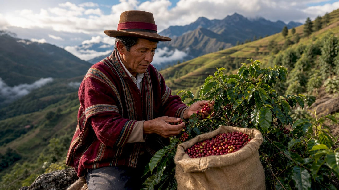 Coffee farmer inspecting ripe cherries in Andes