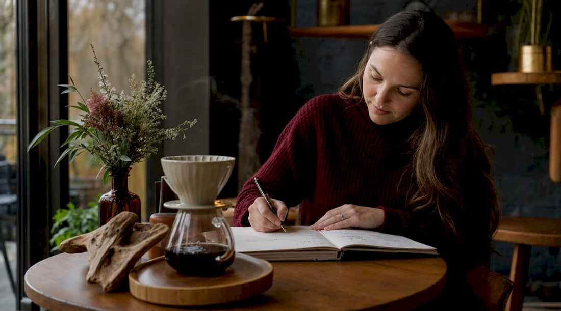 Woman writing coffee journal at kitchen table