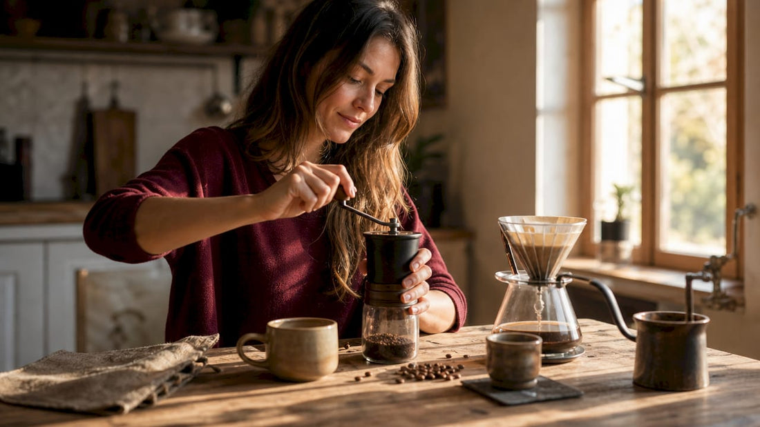 Woman grinding coffee beans in kitchen