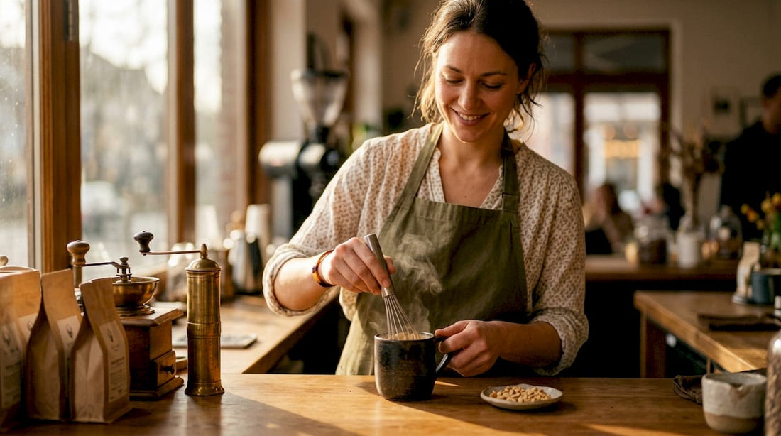 Barista frothing peanut butter coffee drink