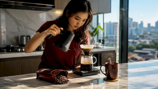 Woman brewing Mandheling coffee at home table