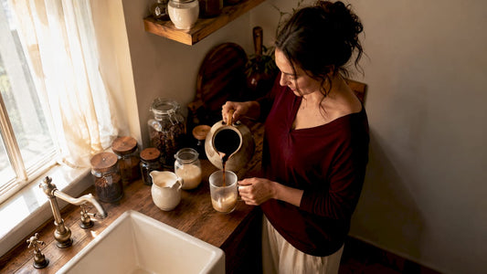 Woman brewing Irish cream flavored coffee at home kitchen