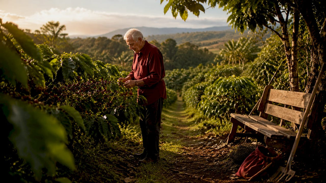 Hawaii Kona coffee farm with farmer at dawn