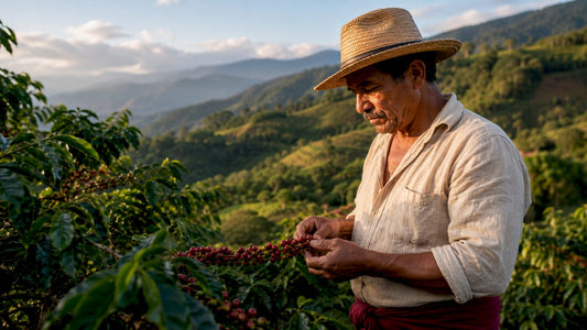 Farmer inspecting coffee cherries on Tarrazu farm morning