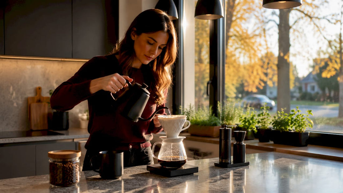 Woman brewing decaf black coffee with pour-over