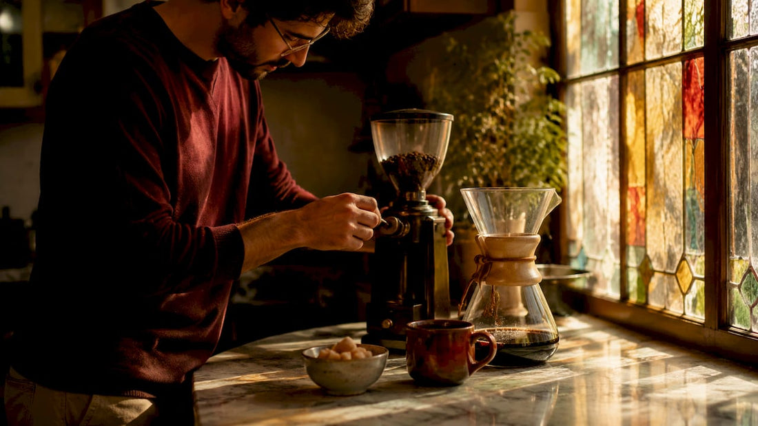 Person adjusting grinder for Chemex coffee brewing