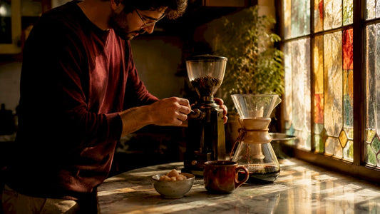 Person adjusting grinder for Chemex coffee brewing
