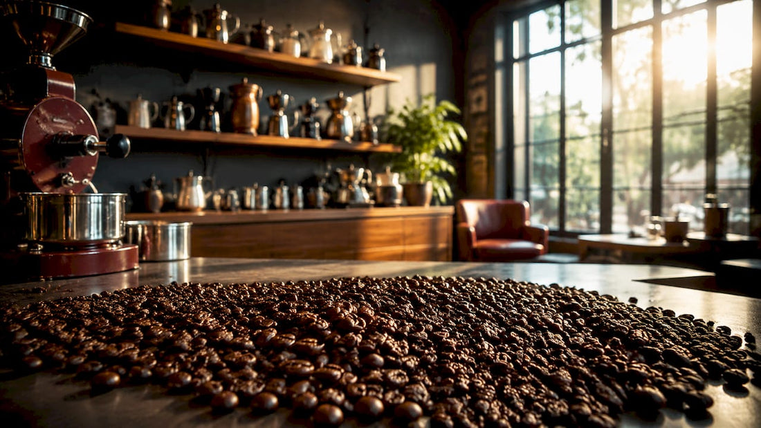 Close-up of fire roasted coffee beans on wooden tray