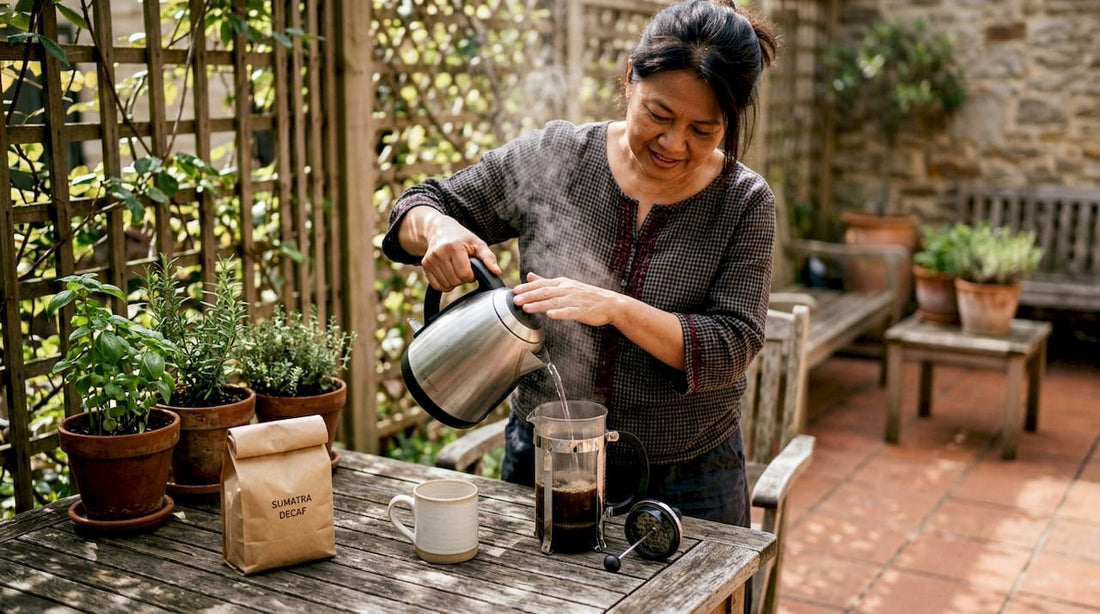Woman brewing Sumatra decaf coffee in kitchen