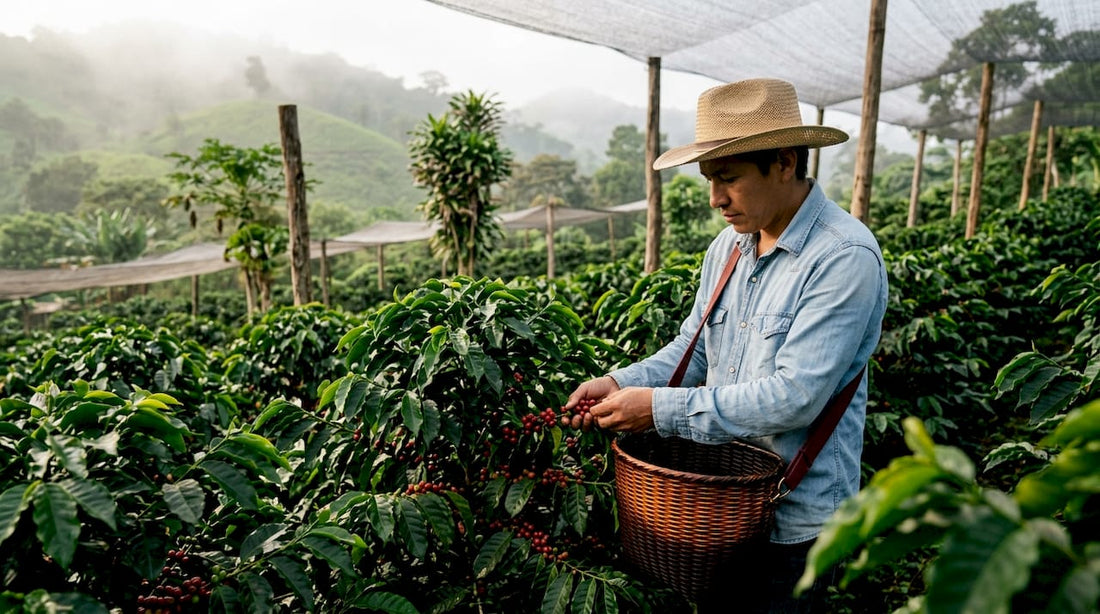 Sunlit coffee plantation with farmer inspecting cherries