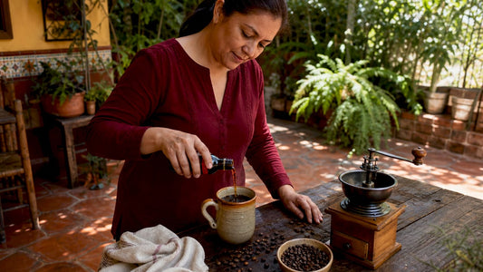 Woman pouring Kahlua into hot coffee in kitchen