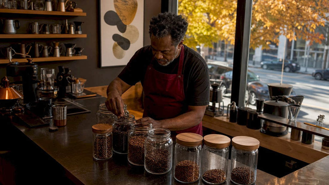 Barista inspecting fresh coffee beans inside roaster shop