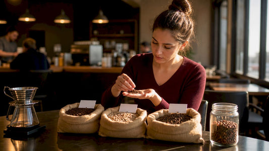 Woman smelling coarse coffee alternatives at kitchen table