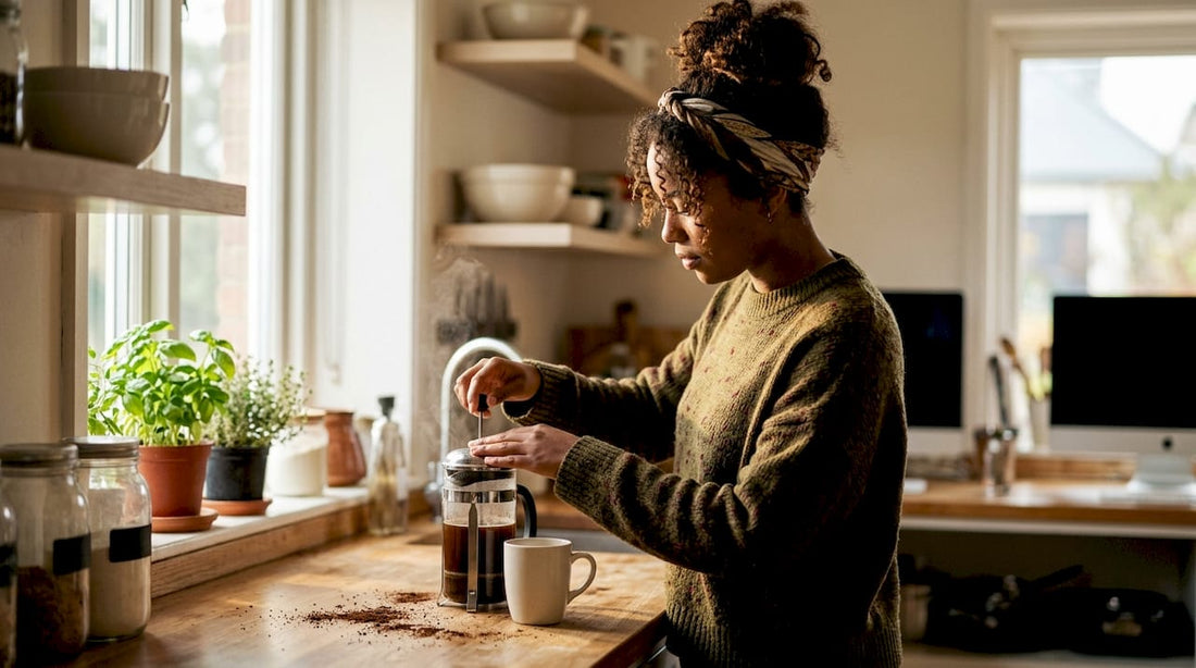 Woman preparing coffee in home office