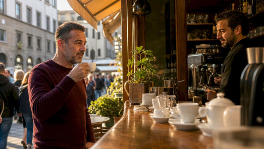 Man drinking espresso standing at Italian coffee bar