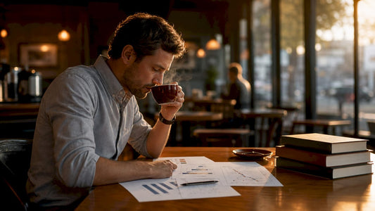 Scientist studying coffee focus data