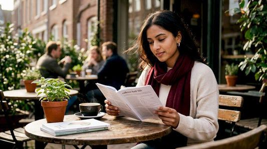 Woman reading about caffeine half-life with coffee