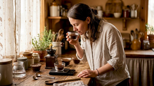 Woman smelling ground coffee during taste test