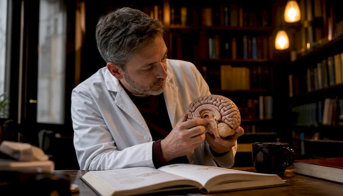 Hands holding human brain anatomical model