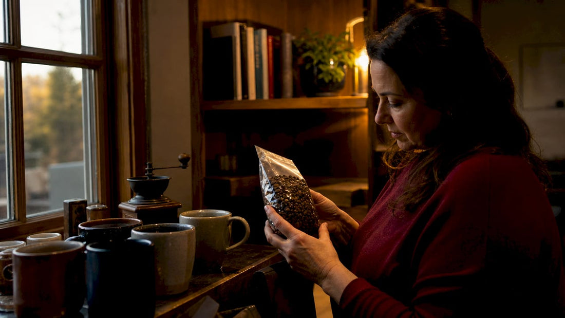 Woman examining freshly roasted coffee beans at home