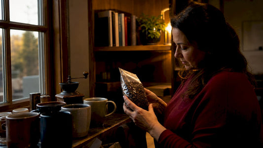 Woman examining freshly roasted coffee beans at home