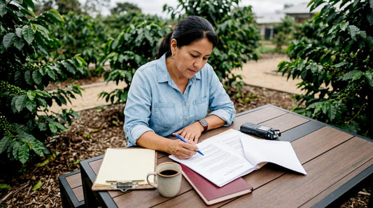 Consultant reviewing coffee sourcing documents on farm veranda