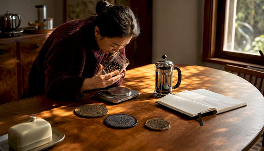 Woman weighing fresh coffee beans at home