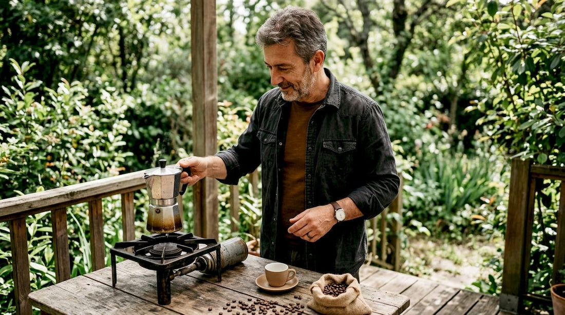 Man brewing Italian blend coffee with moka pot