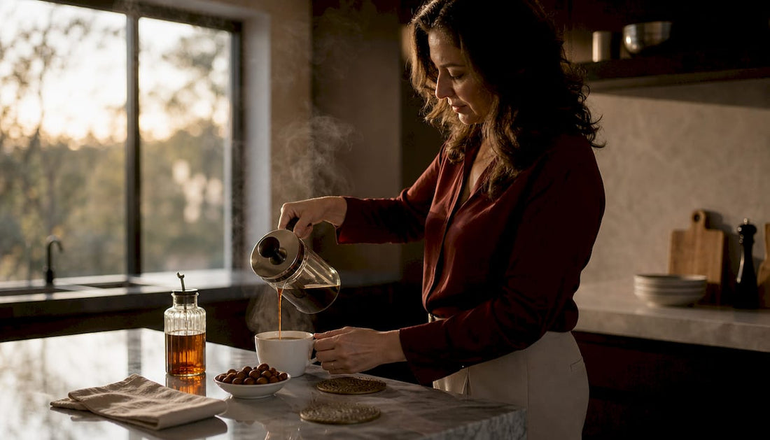 Woman pouring hazelnut coffee at kitchen table