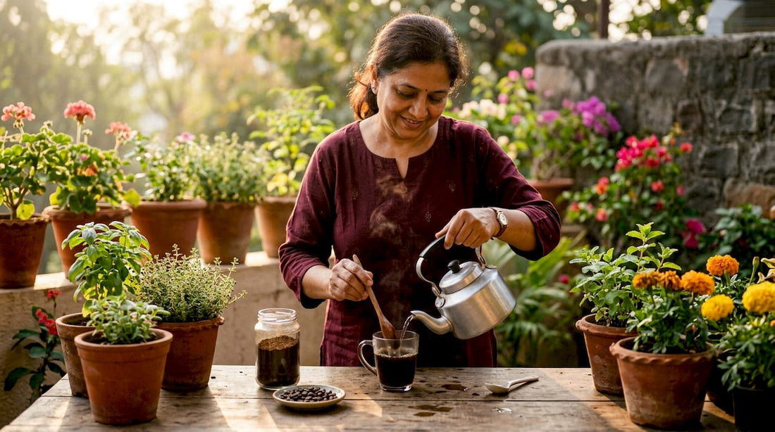 Woman brewing black coffee with powder in kitchen