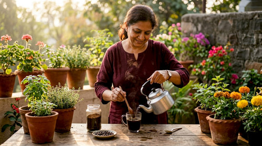 Woman brewing black coffee with powder in kitchen