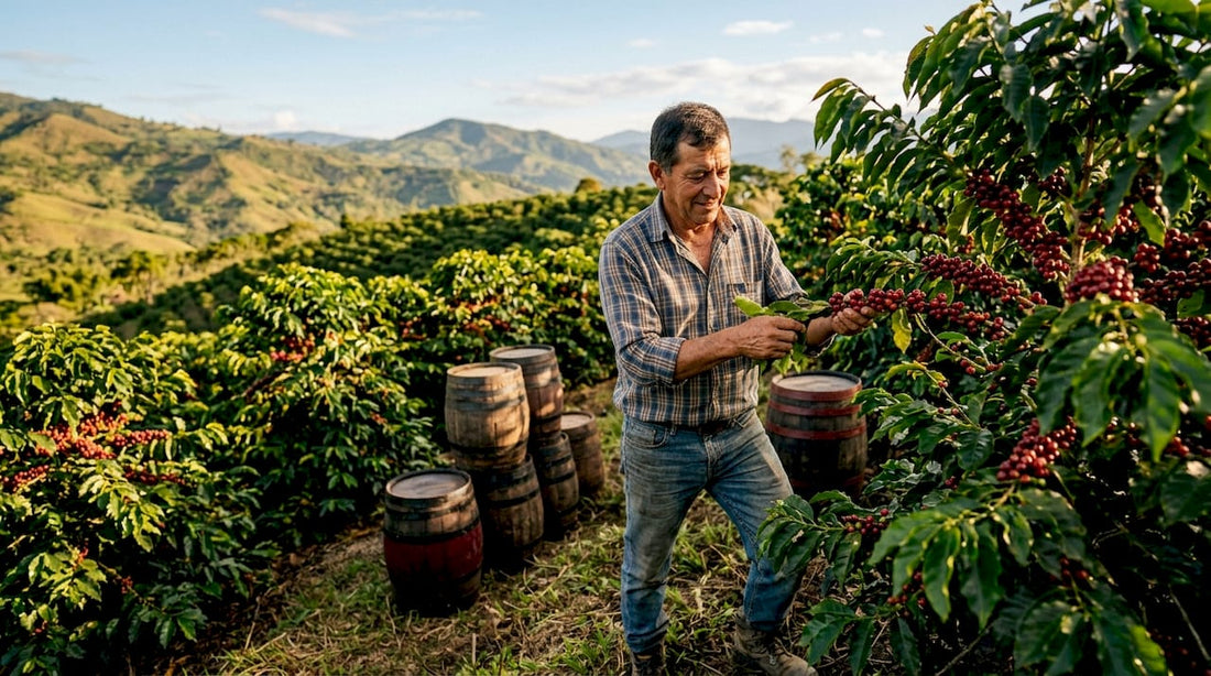 Coffee farmer inspecting ripe coffee cherries on farm