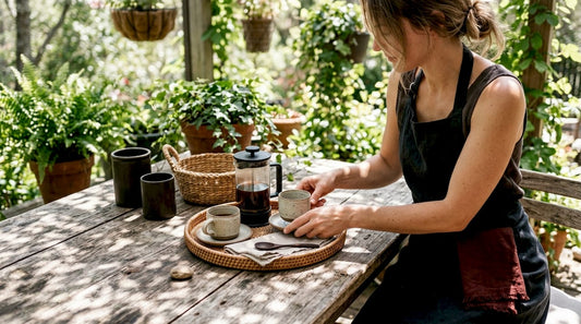 Woman arranging coffee supplies in home coffee corner