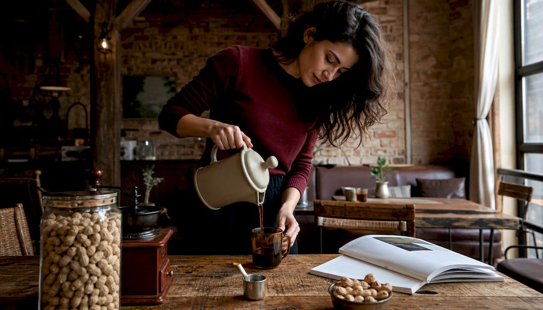 Woman pouring peanut coffee in cozy kitchen
