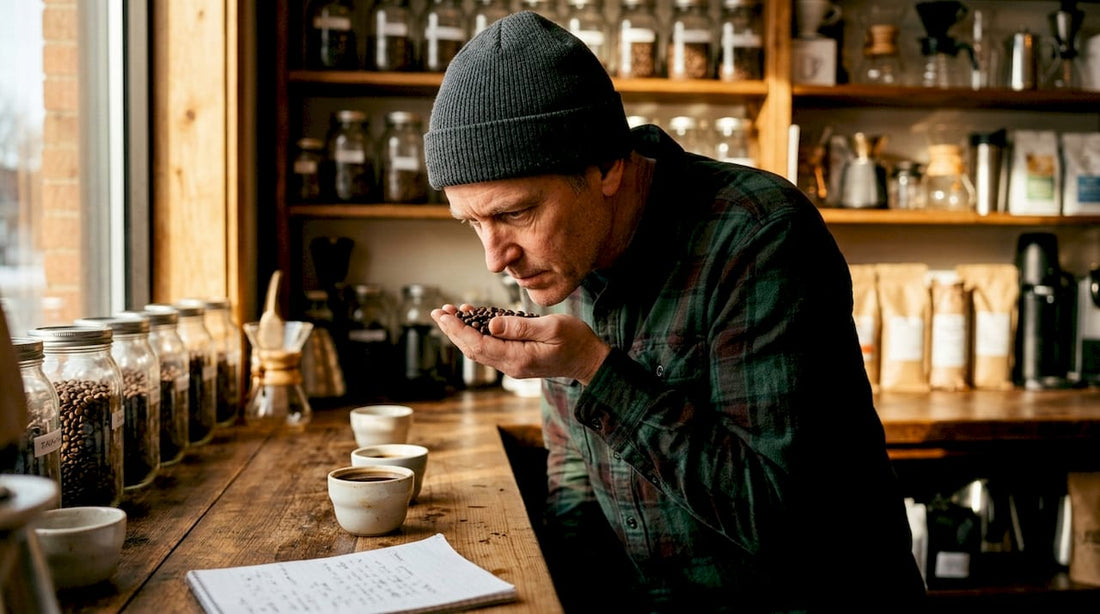 Barista inspecting fresh coffee beans in roastery