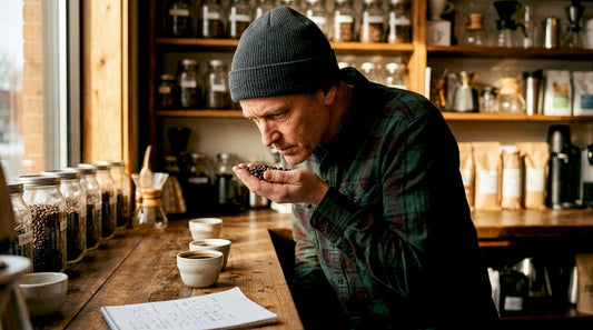 Barista inspecting fresh coffee beans in roastery