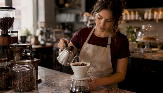 Barista brewing dark decaf coffee with pour-over