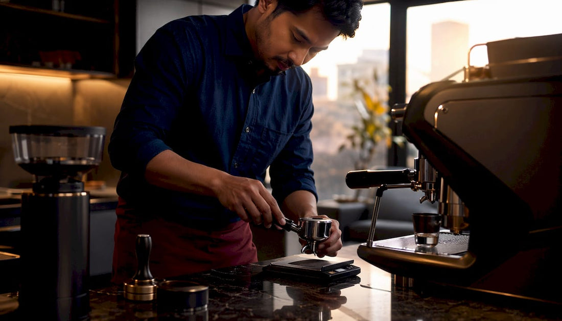 Barista dialing in espresso shot in home kitchen