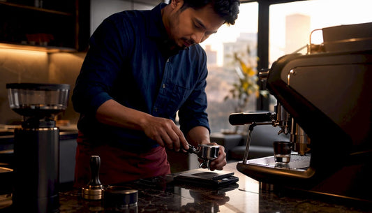 Barista dialing in espresso shot in home kitchen